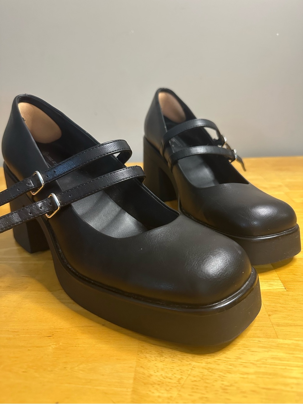 Call It Spring Black Double-Strap Platform Mary Janes. Vegan leather. Size 10
